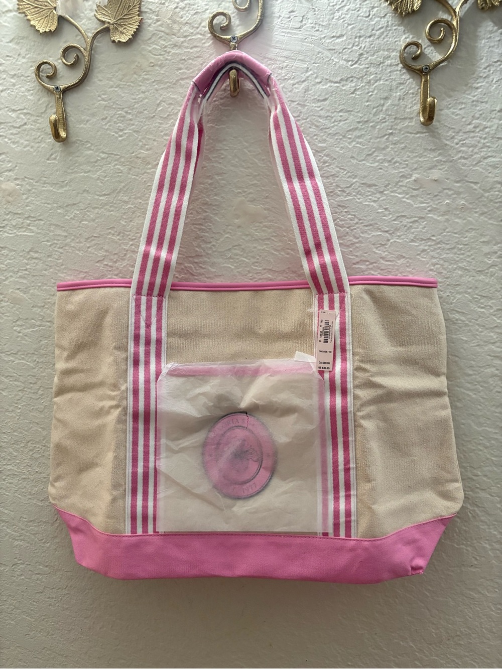 Victoria Secret Canvas Tote Bag with Pink Trim and Striped Handles